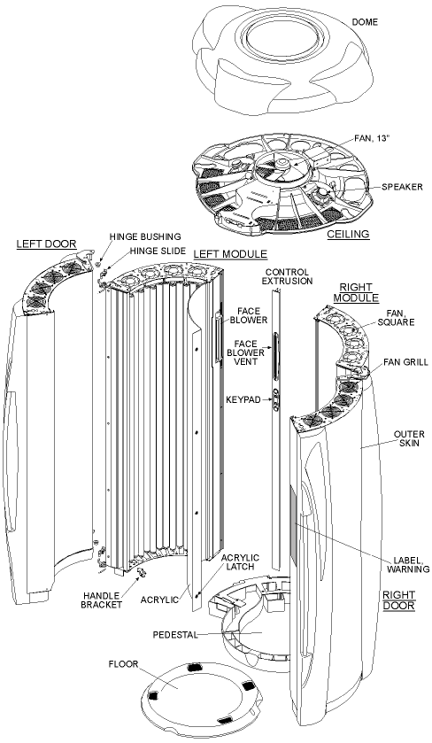 Exploded view of the SS756V tanning booth