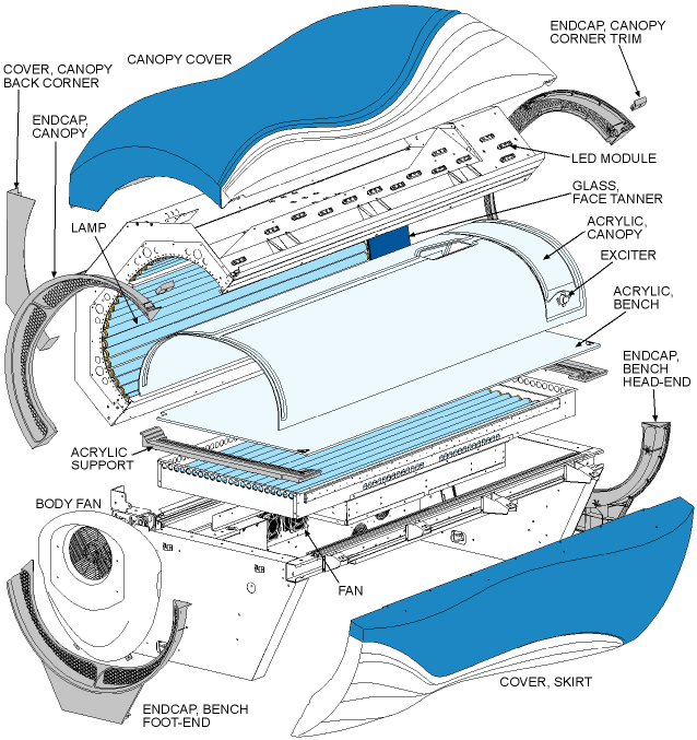 Exploded view of the Epic 242 e3 tanning bed