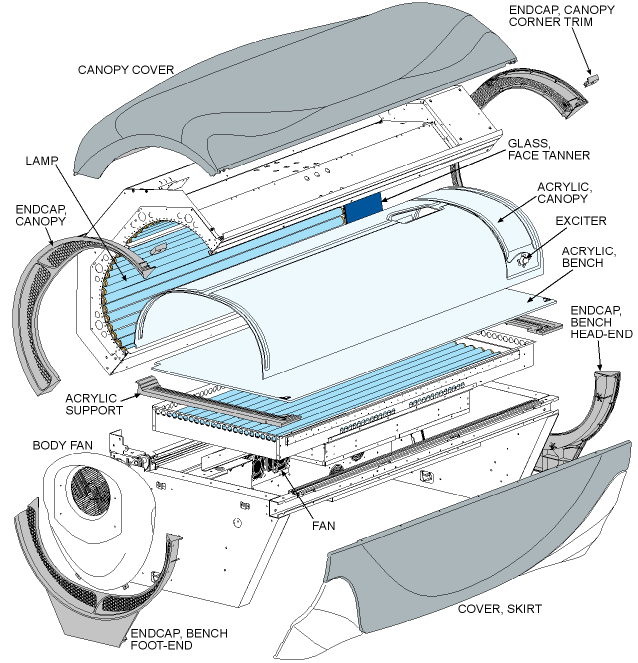 Exploded view of the Ultimate ENVY 434 e3 tanning bed